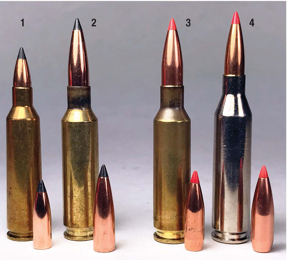 Varmint bullets for 6.5mm cartridges have a similar ballistic coefficient as .22- and .24-caliber varmint bullets. From left, the (1) 22-250 Remington is loaded with a Nosler 55-grain Varmageddon Tipped bullet that has a comparable ballistic coefficient to Nosler (2) 6.5mm 90-grain Varmageddon bullets. Hornady (3) 6.5mm-caliber 95-grain V-MAX bullets have a comparable BC to Hornady (4) .24-caliber 75-grain V-MAX bullets.